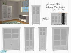 the mission bay glass cabinetry is shown in several different sizes and colors, including white