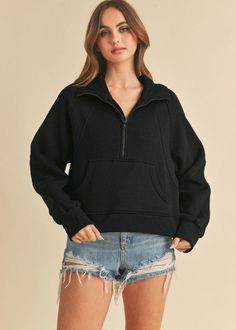 Dove Funnel Neck Half Zip- Black-Hand In Pocket Short Jean Skirt, Half Zip Sweater, Half Zip Top, The Dove, Half Zip Hoodie, Half Zip Sweatshirt, Half Zip Sweaters, Cozy Fashion, Zip Sweater