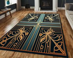 a living room area rug with an art deco design in gold and black on the floor