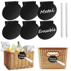 black chalkboard labels and baskets with white markers on the side, along with two pens