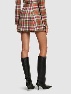 Concealed closure. All over pattern placement may vary. Model is wearing a size40 Plaid Runway, Tartan Mini Skirt, Check Mini Skirt, Mini Wrap Skirt, Kilt Skirt, Versace Brand, Wool Mini Skirt, Wrap Mini Skirt, All Over Pattern