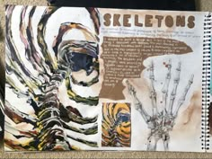 an open book with drawings and text on the pages, including skeleton's hand