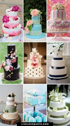 many different types of cakes with flowers and ribbons on the top one is blue, white, pink, and green