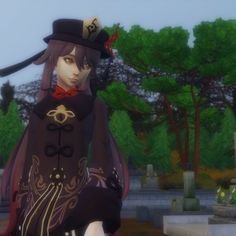 an animated image of a woman in a dress and top hat standing next to trees