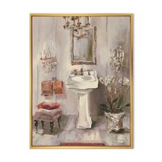 a painting of a bathroom with a pedestal sink and mirror on the wall above it