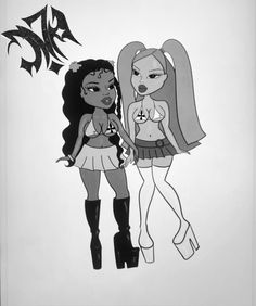 two cartoon girls standing next to each other in front of a white wall with black lettering