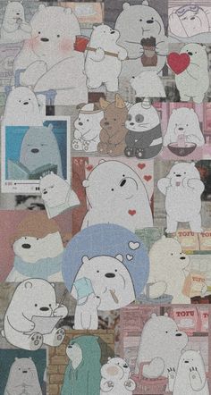 a collage of polar bears in various colors and sizes, all with different expressions