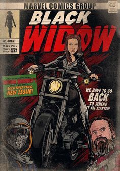 the cover to black widow comic, with an image of a woman on a motorcycle