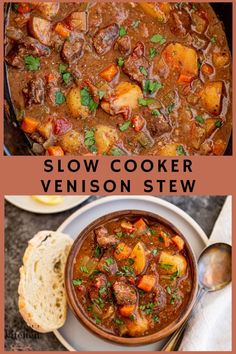 slow cooker venison stew in a bowl with bread on the side