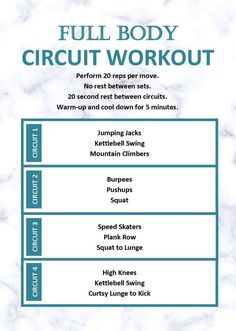 the sweat it out circuit workout plan is shown in blue and white, with instructions for how