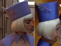 two pictures of the same woman with white hair and blue wig, one wearing a large hat