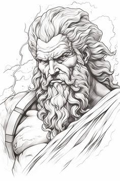 a black and white drawing of an old man with long hair, beards and wearing a