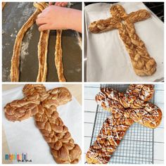 some breads and other food items that are being made into cross shaped cookies or pretzels