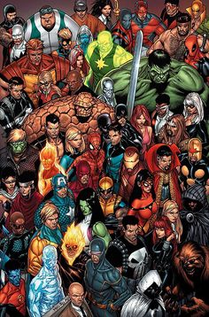 an image of a bunch of avengers characters in the style of comic book cover art