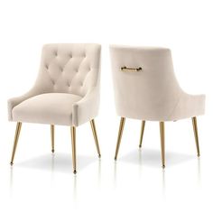 two white chairs with gold legs and buttons