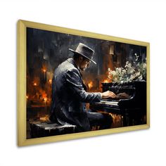 a painting of a man sitting at a piano with flowers in his hand and wearing a fedora