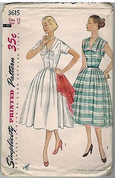 "Sewing Pattern Simplicity - HTF Dress Publication Year: 1951 Pattern Condition - CUT - See Missing Piece Policy Cover Condition - Worn / Discolored / Mildly Torn Pattern Number: 3615 SIZE: 12 30\" Bust 25\" Waist 33\" Hips Modern Size Charts Size 4 6 8 10 12 14 16 18 20 22 24 26 Bust 29.5 30.5 31.5 32.5 34 36 38 40 42 44 46 48 Waist 22 23 24 25 26.5 28 30 32 34 37 39 41 Hips 31.5 32.5 33.5 34.5 36 38 40 42 44 46 48 50 Size 14W 16W 18W 20W 22W 24W 26W 28W 30W 32W Bust 36 38 40 42 44 46 48 50 52 Rockabilly Dress Pattern, Vintage Prom Dresses 1950s, Simplicity Patterns Vintage, Vintage Vogue Sewing Patterns, Vintage Fashion 1950s, Poodle Skirt, Fashion 1950s, Full Skirt Dress, Vogue Sewing Patterns