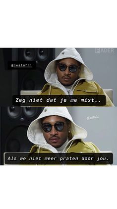 a man wearing sunglasses and a yellow jacket with the words zeg net dat je me mist