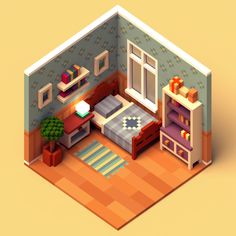 a low polygonal view of a bedroom with a bed, desk and bookshelf