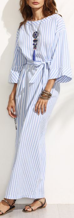 Blue Striped Bow Waist Maxi Dress. Fashion Hijab Casual, Casual Maxi Skirt, Sewing Dress, Maxi Skirt Outfits, Hijab Styles, Fashion Hijab, Striped Maxi Dresses