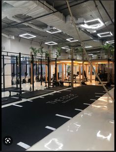 an empty gym with black and white flooring in the middle, surrounded by palm trees