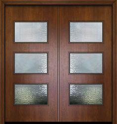 a wooden door with glass panels on the front and side doors, all in dark wood