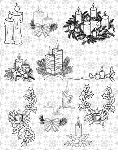 christmas decorations and candles are drawn in black ink on a white background with grey circles