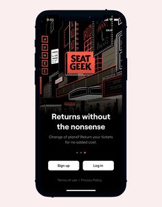 the seat geek app is displayed on an iphone's screen, with text that reads seats geek returns without the nonsense