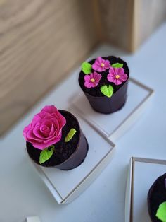 two cupcakes decorated with pink and green flowers