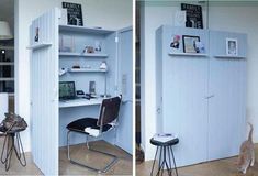 two pictures of a small room with a desk and chair in front of the closet