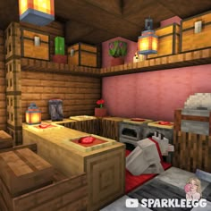 an image of a kitchen in the minecraft style with lots of furniture and decor