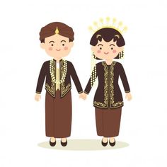 two people dressed in traditional clothing are standing next to each other, one is wearing a crown