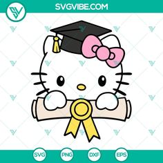 a hello kitty with a graduation cap on it's head and holding a ribbon