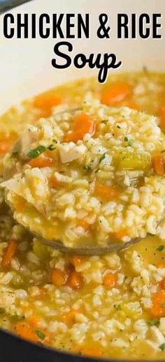 a spoon full of chicken and rice soup in a white bowl with the title above it