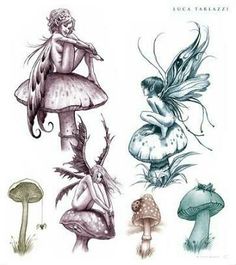 four different fairy images with mushrooms and flowers