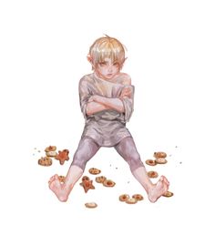 a drawing of a boy sitting on the ground with his arms crossed and cookies scattered around him