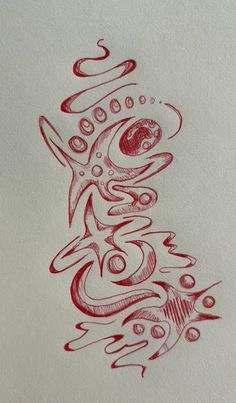 a red ink drawing on white paper with an abstract design in the middle and bottom corner