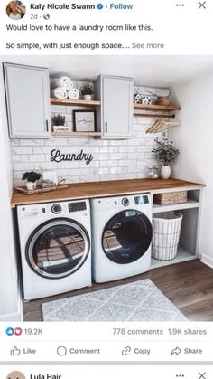 the laundry room is clean and ready to be used by someone who likes it on facebook