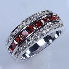 Ruby And Rhinestone And Silver Band Ring Pretty Wedding Rings, Mens Rings For Sale, Garnet Wedding, Red Garnet Ring, Cocktail Jewelry, Silver Wedding Bands, Gem Ring, Silver Wedding Rings, Band Jewelry