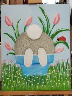 an acrylic painting of a mushroom with pink flowers and ladybug on it