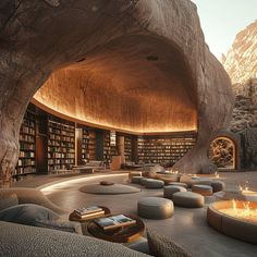 the interior of a modern library with stone walls and floor to ceiling bookshelves