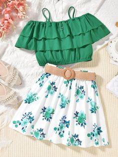 Green Boho Collar   Floral,Plants,All Over Print  Embellished Non-Stretch  Tween Girls Clothing Cute Outfits For Kids 10-12 Girls Style, Really Cute Outfits For Summer, Modesty Dress, Top Summer Outfits, Girls Dress Outfits, Clothes For Girls, Summer Trends Outfits, Cute Dress Outfits