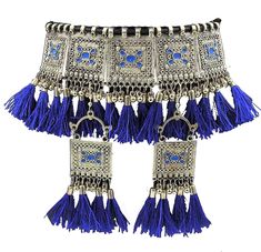 Indian Fashion Handmade Vintage Tibetan Kutchi Tribal Afghani Silver Oxidized Fashion Statement Tassel Thread Choker Necklace Set Blue Choker Necklace Set, Indian Fashion, Fashion Statement, Necklace Set, Classic Design, Jewelry Sets, Choker Necklace