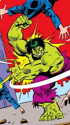 the incredible hulk is being chased by two men in front of a red and yellow background