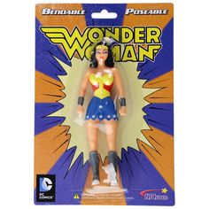 the action figure wonder woman is on display in front of a white and blue background