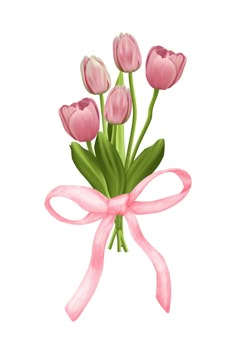 a bouquet of pink tulips tied with a pink ribbon