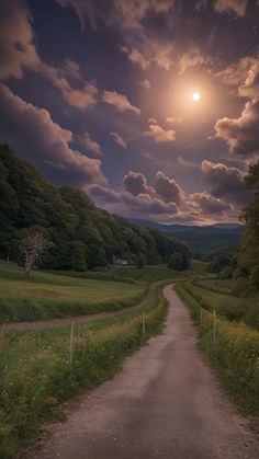 a dirt road in the middle of a lush green field under a full moon filled sky