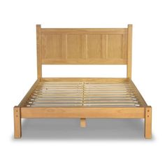 a wooden bed frame with slatted headboard and foot board on an isolated white background