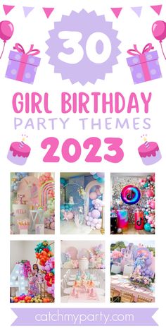 birthday party themes for girls with pink and purple decorations, balloons and presents on the table