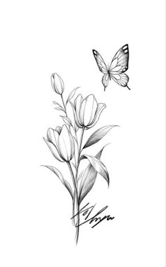 a black and white drawing of flowers with a butterfly flying over it's head